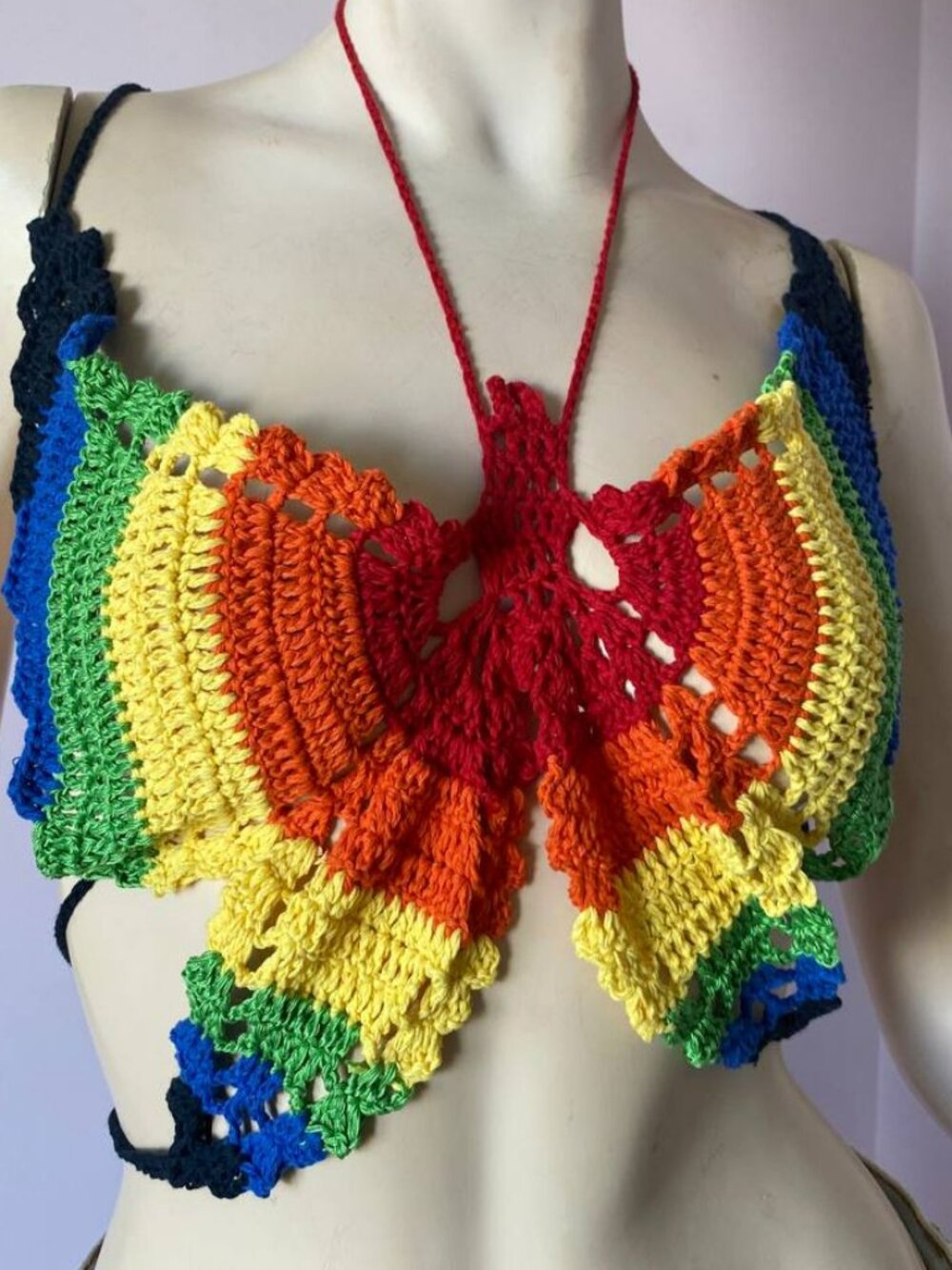 Handmade Rainbow Crochet Butterfly Halter Top Boho Festival Pride
